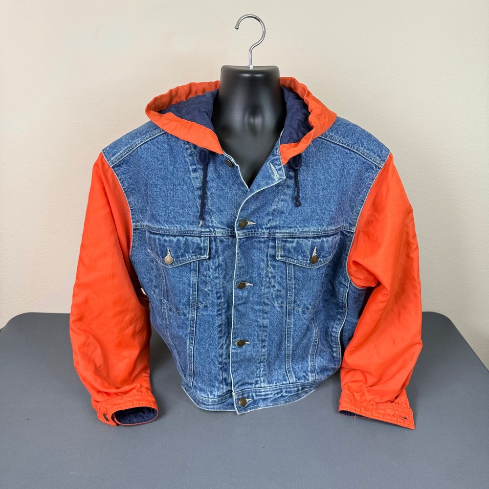 Vintage 90 GAP Denim Orange Nylon Jean Trucker Jacket Hooded Lined Adult M Drake - Picture 2 of 5